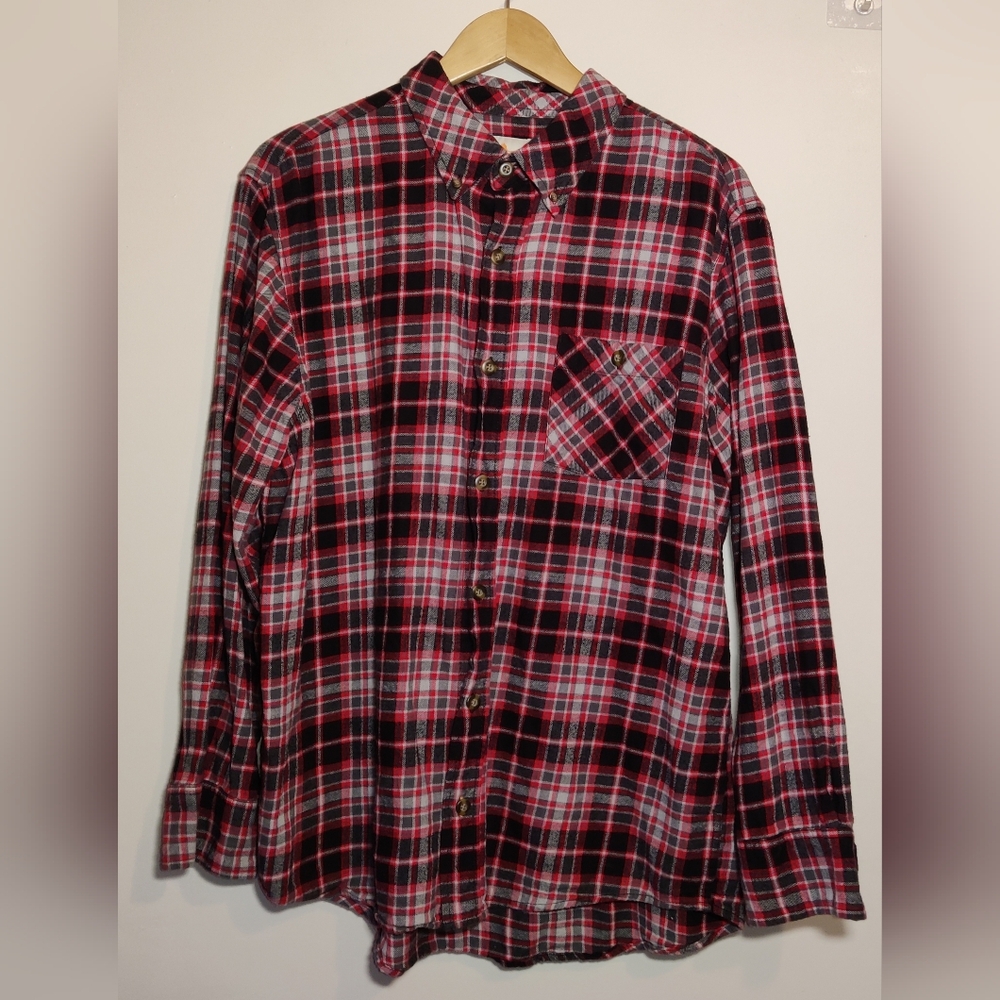 Field & Stream Shirt Mens Sz L Red Black Plaid Flannel Long Sleeve Button